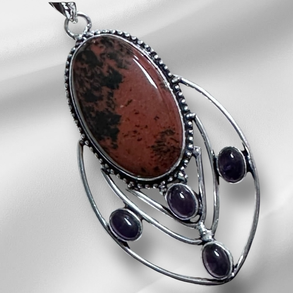 Handcrafted Pendant Artisan Jewelry MAHOGANY OBSIDIAN and Amethyst Accents